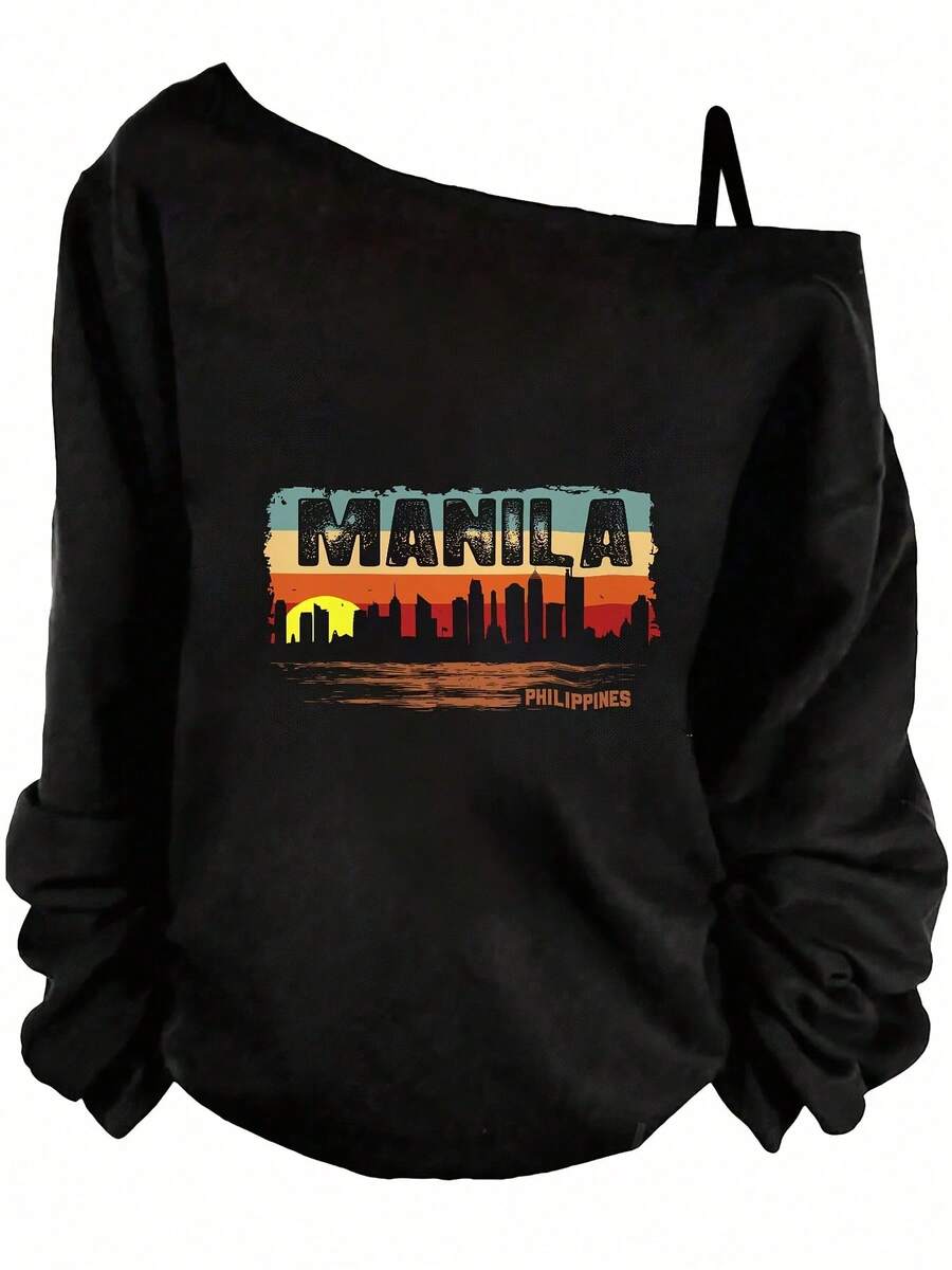 Summer Outfits For Women, Manila City Skyline Graphic Off Shoulder Sweatshirt, Vintage Sunset Design, Casual Streetwear, Summer Tops-Holiday Outfits For Women, Theme Graphic Tees, Festival Wear, Fun Party - 黑色 - 查看 1