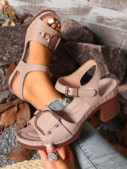 Women's Metal Buckle Decor High Heel Sandals, Solid Color Outdoor PU Leather Strap Sandals, Beige Chunky Heel Sandals For Spring/Summer