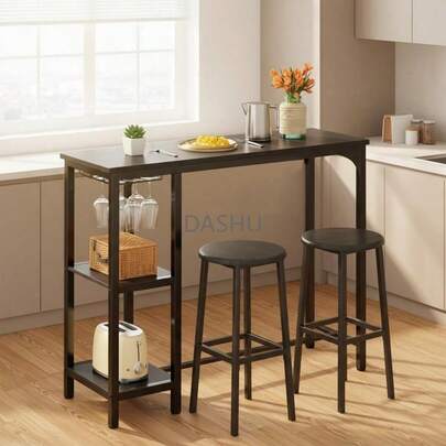 Mesa de Bar, Barra de Cocina,Comedor Viene con Dos Sillas para Barras y 3 Niveles de Estantes, Adecuado para Cocina y Bar Comedor (Negro)