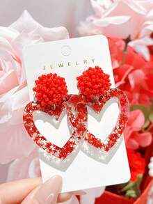 一对可爱的情人节爱心亚克力耳环，饰有红色小珠和星星，浪漫礼物，送给女孩的耳环 - 彩色 - 查看 6