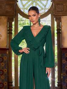 Faeriesty Elegant långärmad, lyktaärmad, djup V-ringad, golvlång jumpsuit - volangkrage, avtagbar midja och skräddarsydda veckade byxor | Lämplig för högtidsfester, nyårsafton, formella galor, formella evenemang och bröllop - Mörk Grön - Visa 4