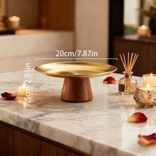 1个木质底座不锈钢餐盘，适用于餐桌、餐厅、厨房、派对、生日等场合 - 木高腳金托盤 - 查看 3