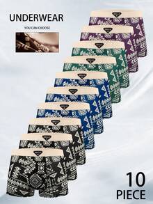 10-Piece Customizable Men's Boxer Briefs Set: Retro Pattern "HELLO" Label Soft Fabric Comfort Daily Underwear - Multicolor - View 1