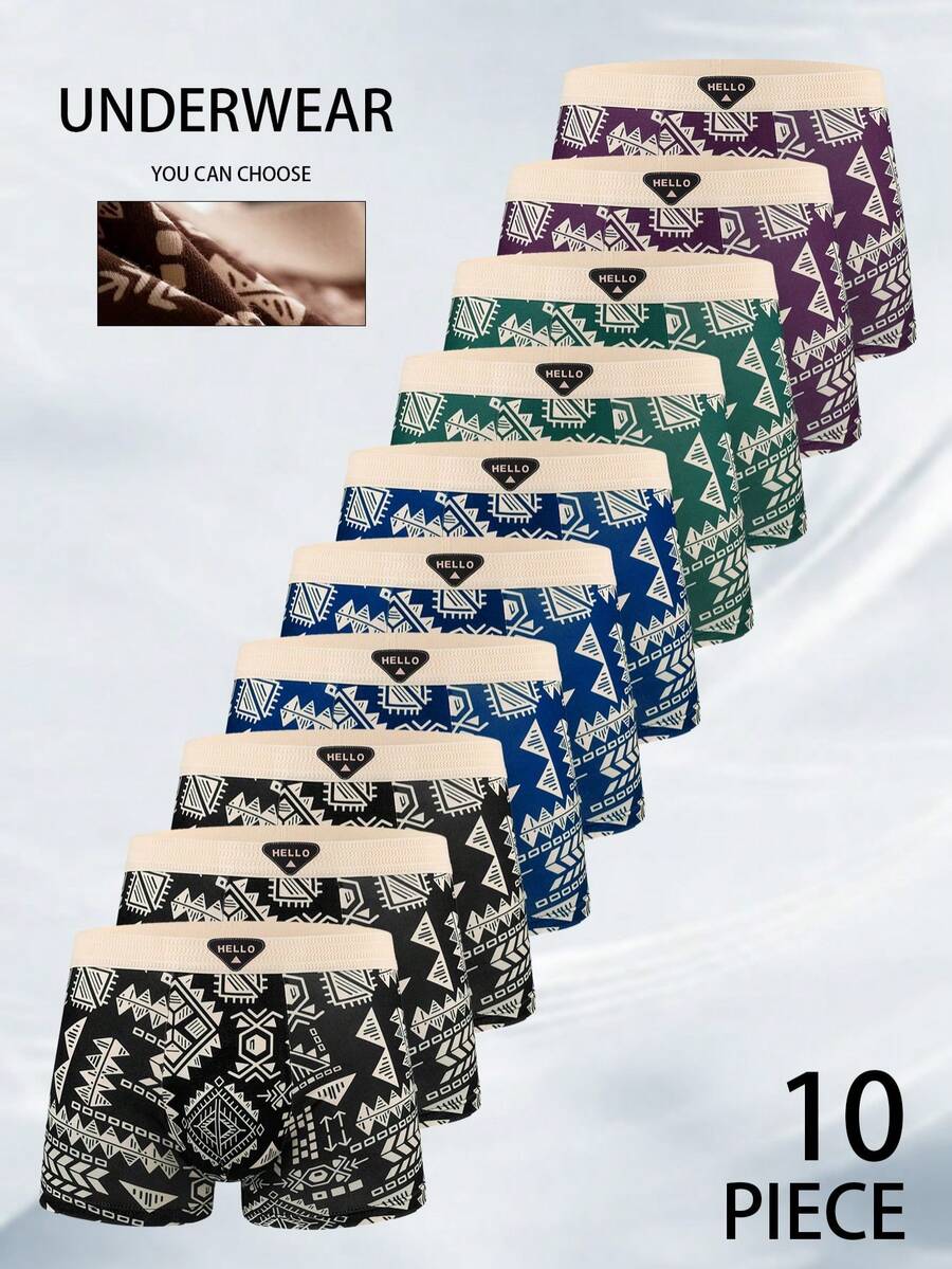 10-Piece Customizable Men's Boxer Briefs Set: Retro Pattern "HELLO" Label Soft Fabric Comfort Daily Underwear - Multicolor - View 1