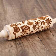 1 pieza de rodillo de madera de rosa de 13.pulgadas para herramientas de repostería de cocina, herramienta de sello de galletas con grabado profundo - Rosa 128 - Ver 2
