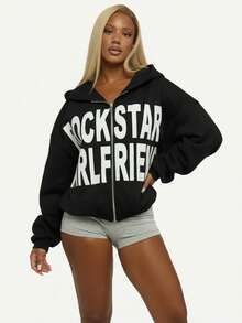 WOMEN Rockstar Girlfriend Full-Zip Cropped Hoodie Edgy Streetwear Y2K Aesthetic Statement Sweatshirt Fashion Oversized Rhinestone Embellished Hood Fall Winter Oversized Hooded Sweatshirt With Zip Front And Bold Letter Graphics For Casual Comfort  Rockstar Girlfriend Oversized Zip Up Sweatshirt Streetwear Loungewear Sports Casual Athleisure Cozy Hoodie Spring Fall Winter - 黑色 - 查看 5