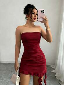 优雅法式酒红色修身无肩带连衣裙，专为时尚女性设计，采用不对称下摆和飘逸腰带——完美适用于派对、海滩度假、音乐节、郊游和约会，酒红色夏季连衣裙 - 酒紅色 - 查看 3