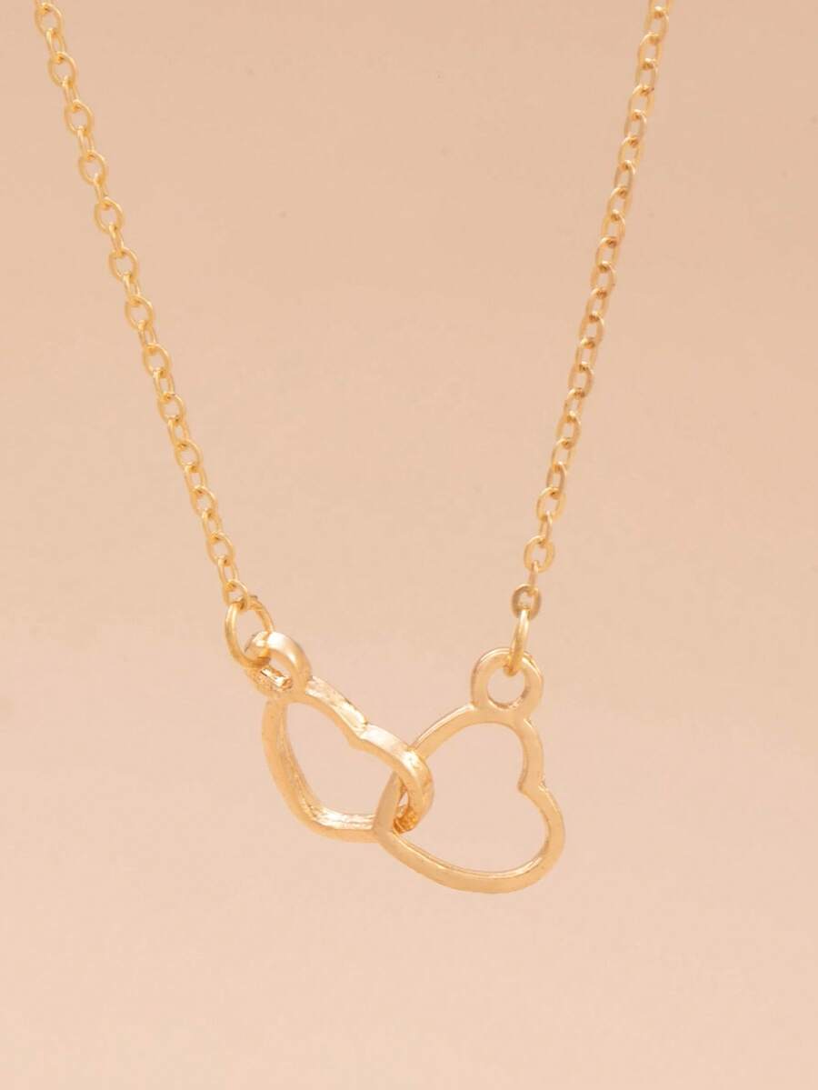 1pc Korean Minimalist Style Double Heart Interlocked Necklace For Women - Gold - View 1