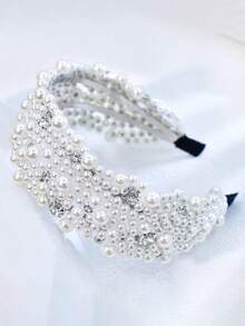 1件珍珠发箍，优雅简约设计，饰以水钻，宽边头饰，适合新娘、婚礼、节日、派对、约会、休闲、情人节等场合，女士发饰 - 白色 - 查看 7
