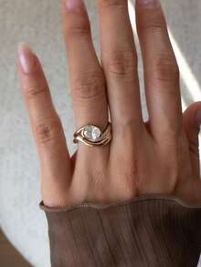 1 Pc Or 1Set 925 Sterling Silver Twisted Arm Half Set Egg Shaped Small Arc Ring Women's Date Night Party Ring Anniversary Gift Exquisite Ladies' Jewelry - Gold - View 1