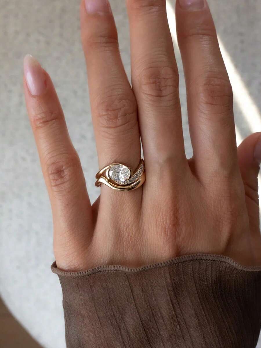 1 Pc Or 1Set 925 Sterling Silver Twisted Arm Half Set Egg Shaped Small Arc Ring Women's Date Night Party Ring Anniversary Gift Exquisite Ladies' Jewelry - Gold - View 1