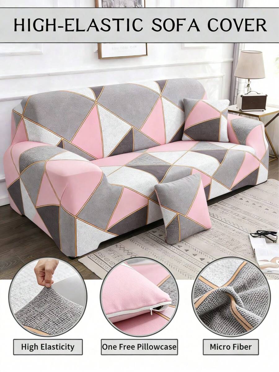 1 pieza Funda de sofá con estampado de líneas geométricas, funda de sofá de poliéster elástica minimalista moderna y 1 pieza de funda de cojín sin relleno, adecuada para todas las estaciones, informal para el verano