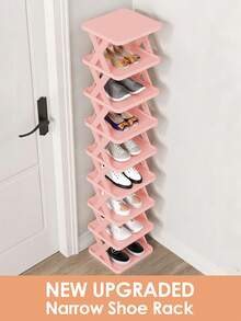 9/6 Tier Vertical Shoe Stand Space Saving Narrow Shoe Rack, Small Shoe Shelf, DIY Free Standing Shoes Storage Organizer For Entryway, Closet, Hallway, Easy Assembly And Stable In Structure, Black & White, Plastic Material, Consumables - 粉色升級版 - 查看 1