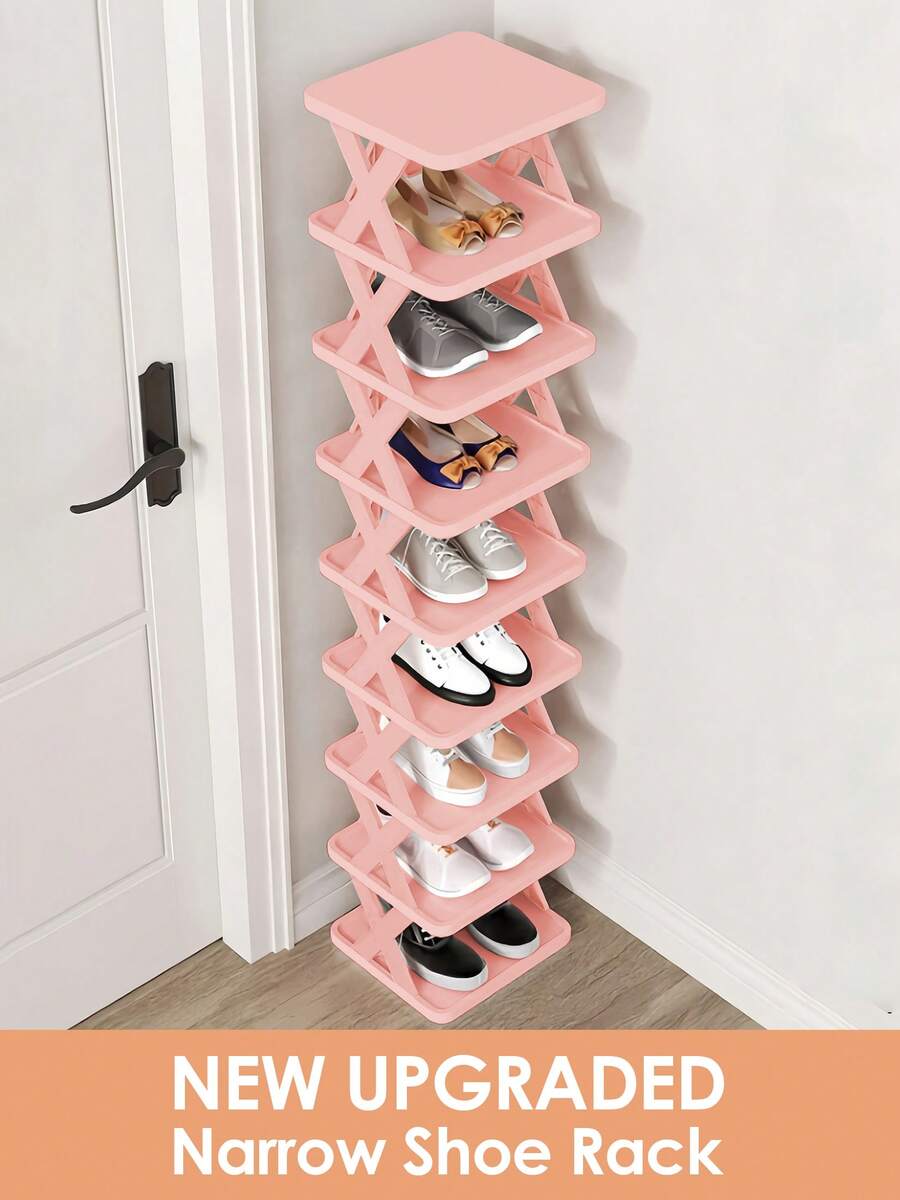 9/6 Tier Vertical Shoe Stand Space Saving Narrow Shoe Rack, Small Shoe Shelf, DIY Free Standing Shoes Storage Organizer For Entryway, Closet, Hallway, Easy Assembly And Stable In Structure, Black & White, Plastic Material, Consumables - 粉色升級版 - 查看 1