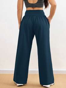1件装加大码女士宽松阔腿瑜伽裤，纯色百搭，适合日常休闲穿着、室内健身瑜伽普拉提、户外跑步骑行，侧边口袋，弹性腰带，飘逸柔软，四季皆宜 - 寶藍色 - 查看 2