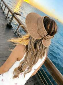 1顶时尚可折叠女士帽子，带蝴蝶结、马尾辫孔、无帽檐，适合户外、海滩、旅行、防晒，巴拿马草帽 - 米色 - 查看 8