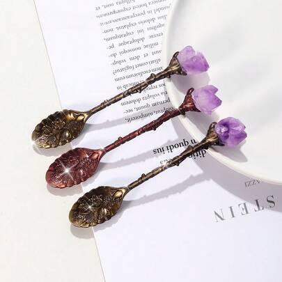 1 Piece Natural Amethyst Cluster Teaspoon Tooth Flower Gemstone Candy Spoon Decoration Gift