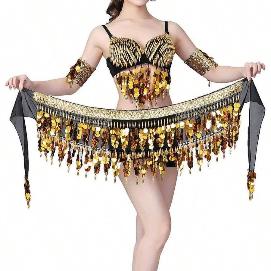 Sequin Coins Fringe Belly Dance Hip Scarves Tassel Dance Belt Skirt Women - 均碼 + 金色 - 查看 1