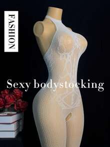 1 Piece Of Glow-In-The-Dark Fishnet Bodysuit, Open-Crotch Sheer Mesh Bodysuit With Light-Up Mesh, Women's Sexy Lingerie, Women's Erotic Bodysuit, Women's Glow-In-The-Dark Party Lingerie, Role-Play Costumes, Exotic-Style Apparel, Erotic Bodysuits, Bodysuits, Women's Sexy Bodysuits, Valentine's Day Lingerie - 白色 - 查看 8