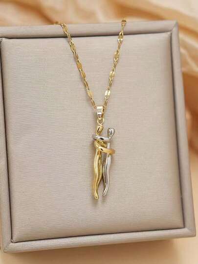  1 pieza Collar colgante de pareja abrazándose de moda y creativo, joyería de pareja abrazándose de dos tonos, adecuado para uso diario de mujeres, regalo del Día de San Valentín, regalo para novia, mamá, madre, regalo del Día de la Madre