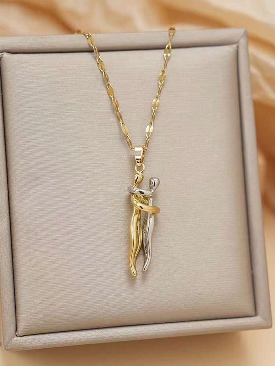 时尚创意情侣拥抱吊坠项链，双色拥抱情侣饰品，适合女性日常佩戴，情人节礼物，送给女朋友、妈妈、母亲的礼物，母亲节礼物 - 彩色 - 查看 1