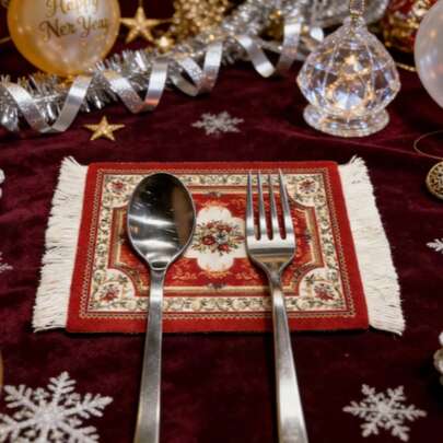 4 kwadratowe podkładki z frędzlami, artystyczny, retro design, odpowiednie na Nowy Rok, Walentynki, Ramadan i inne święta, zastawa stołowa do jadalni