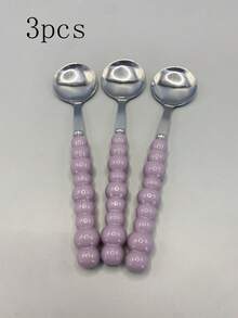 2/3 件彩色珍珠不锈钢勺子带塑料手柄，可爱甜点勺，小汤匙，长柄圆勺，适合家用