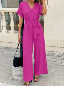 Women's Jumpsuit Casual Short Sleeve Wrap V Neck Belted Wide Leg Pants - Màu Hồng Tươi - Xem 6