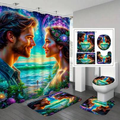 1/3/4pcs Couple Printed Shower Curtain + Mat Set, Includes 12 Hooks, Waterproof Polyester Fabric, Anti-Slip Bath Mat, U-Shaped Toilet Mat, Toilet Seat Cover, Bathroom Divider, Decorative Accessories, Modern Home Room Decor, Decorative Hanging Curtain