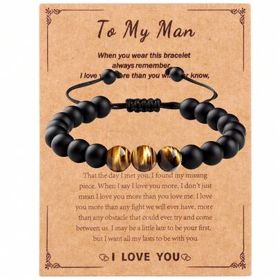 1pc Tiger Eye Stone & Matte Black Handmade Braided Bracelet, Gift For Boyfriend, Son, Husband, Lover, Anniversary, Christmas