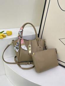 2pcs Spring New Fashion PU 2-Piece Bag Set, Women Handbag With Inner Pouch, Minimalist Commuting Shoulder Bag With Scarf Decor, Suitable For Ladies, Girls, Work Essential, Can Fit Phone, Wallet, Cosmetics - Khaki - View 3