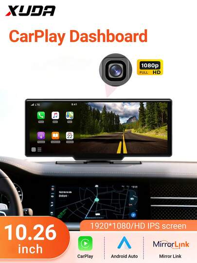  XUDA NEW 10.26 Inch 4K DVR Wireless Carplay And Android Auto Portable Dash Cam IPS Touch Screen Bluetooth Audio Dual Lens Recorder