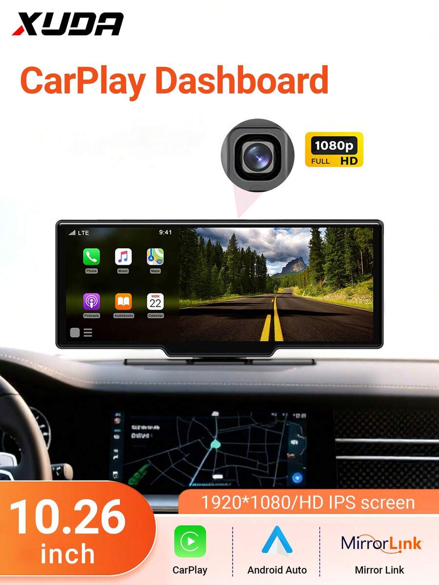 XUDA New 10.26" 4K Dash Cam, Supports Wireless CarPlay And Android Auto, Portable IPS Touchscreen, Bluetooth Audio, Dual Lens Recorder - Car Display - View 1