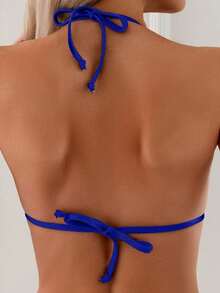 Casual Elegant Backless Bikini Set For Women Royal Blue Knitted Halter Neck Tie Side Bottoms High Stretch Sleeveless Swimwear - Màu xanh lam - Xem 5