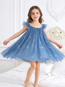 1pc Young Girl Elegant Luxurious Cute Lady Sweet Princess Bow Tie Sparkling Sequin Big Tulle Tutu Dress, Party Dress, Birthday Gift, Holiday, Celebration, Banquet, All Season - Dusty Blue - View 3