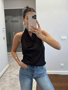 女士无袖吊带背心，纯色高端优雅，适合返校、派对、晚宴等场合，休闲黑色夏季款 - 黑色 - 查看 5