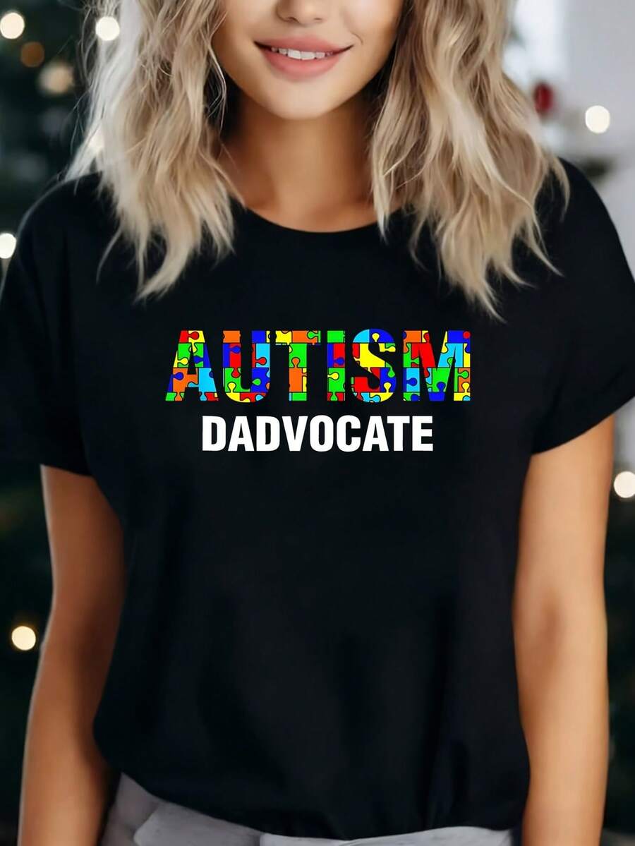 Autism Dadvocate 1 Pcs Women's Plus Size T-Shirt Funny Oversized Graphic Short Sleeve Tee 100% Polyester Novelty Shirt 220g Casual Crew Neck Top - màu đen - Xem 1