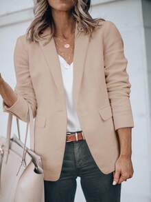 Womens Casual Black Long Sleeve Button Lightweight Blazer Jacket With Collar For Party And Regular Wear - Khaki - View 7