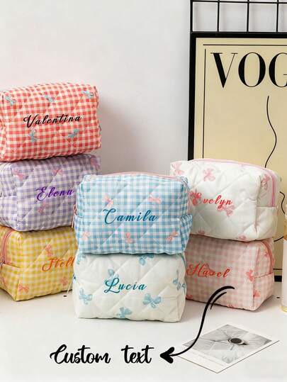 Customizable Makeup Bag, Name Customizable. Cute Bow Pattern Multi-Functional Checkerboard Makeup Bag, Wallet, Square Makeup Bag, Large Capacity Makeup Bag, Large Capacity Travel Makeup Bag, Makeup Bag/Skincare Bag, Toiletry Bag/Storage Bag, Travel Essential, Cruise Essential, Dorm Essential, Ideal Gift For Family And Friends On Valentine's Day Or Birthday