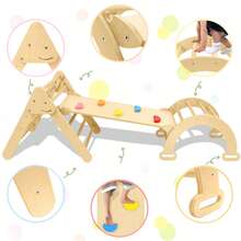 3-In-1 Indoor Climbing Structure With Bars, Wooden Climbing Frame Set For Toddlers, Children's Pikler Triangle, Slide And Climbing Structures For Babies, Indoor Play Equipment - 橘色 - 查看 5