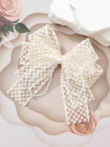 1pc Set Lace Elegant Minimalist Hair Clips With Bow, For Teen - Beige - View 4