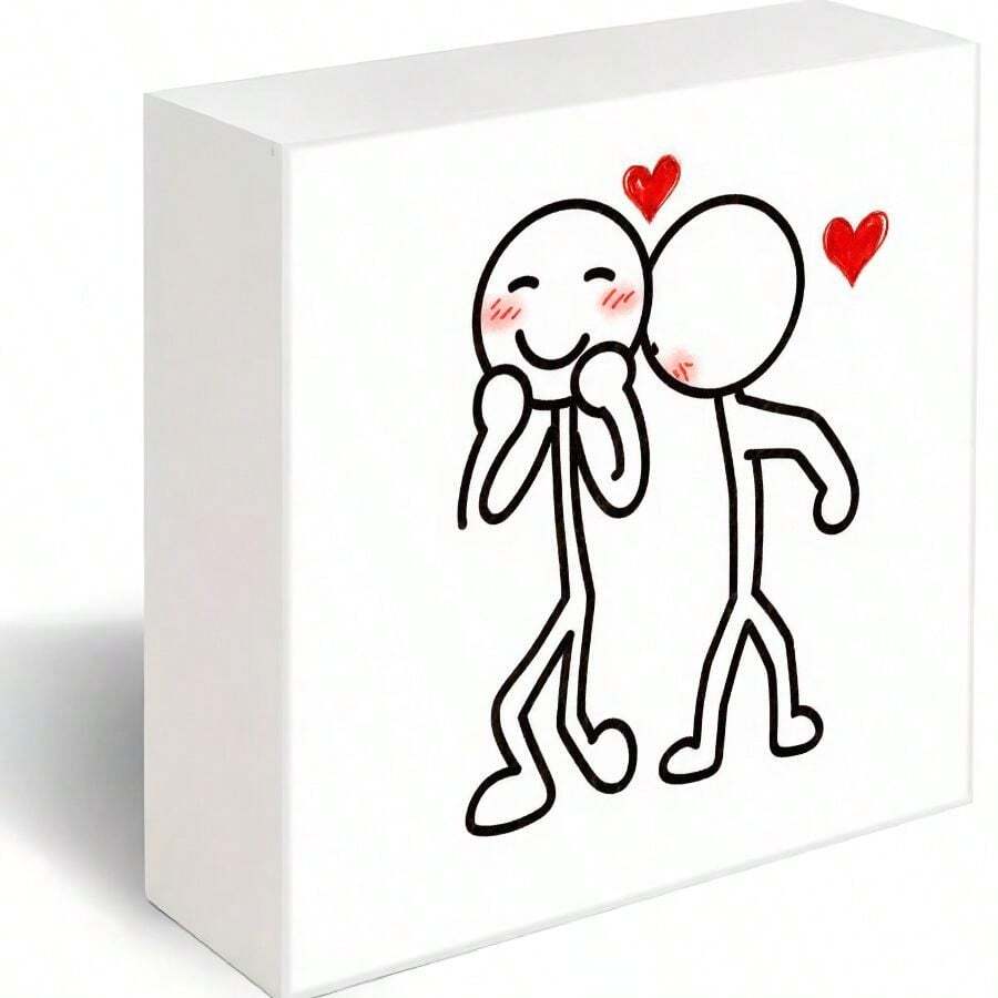 Cute Romantic White Rectangular Decorative Wooden Box With Simple Drawing Of Two Stick Figures (One Smiling Blushing With Playful Stance, One With Red Heart & Blush, Floating Red Hearts) For Loving Theme Display Or Gift - Simple Cute Style - 白色 - 查看 1