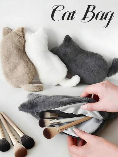 Cute Cat Shaped Multi-Functional Storage Pouch, Coin Purse And Card Holder, Makeup Brush Holder, Pen Case, Lightweight Zipper Bag, Plush Pouch, Durable And Fashionable, Adorable Style, Suitable For Office, Study, Travel, And Daily Use