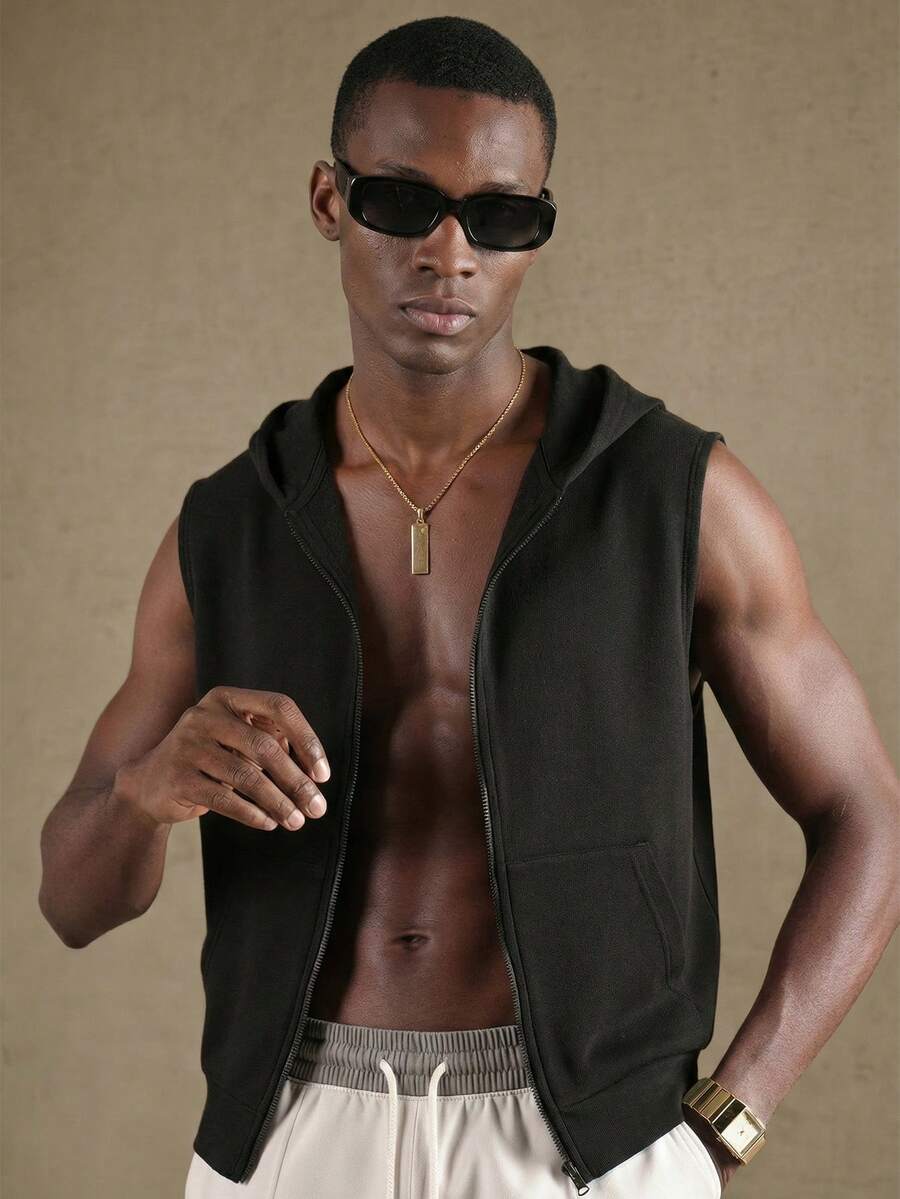 休闲百搭无袖背心，时尚男士户外运动衬衫 - 黑色 - 查看 1