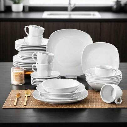 36pcs Set Of Porcelain Tableware, Including Dinner Plates, Dessert Plates, Soup Plates, Cereal Bowls, Coffee Cups And Tea Saucers, For 6-Person Service