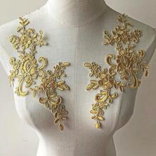 Mirror Pair Lace Applique With Sequin Corded Flower Embroidery Lace Motif Dress Patches For Craft Projects (Gold) - Gold - View 3