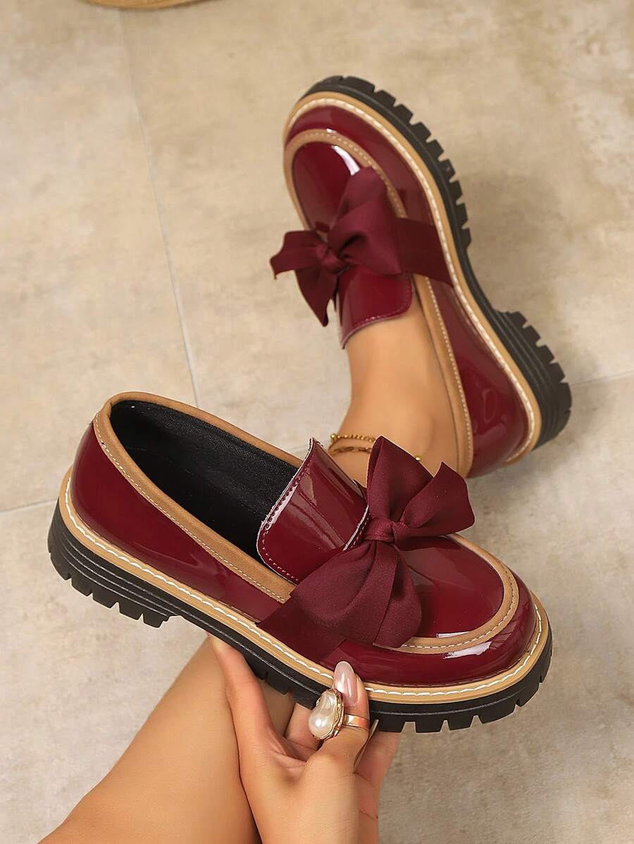 2026 New Women's Thick Sole Slip-On Loafers, Bow Decor Retro Round Toe Shoes, Commuting Versatile Solid Color Mary Jane Burgundy Leather Shoes, Collegiate Chic Elegant Casual Slip-On Shoes - Burgundy - View 1