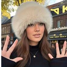 1PC Elegant Women's Artificial Fur Winter Hat - Comfortable And Warm Thick Mongolian Hat, Ear Protection, Fashionable And Simple Design, Cream/Brown/White/Black, Elastic Fit, Polyester Fiber, Hand Wash Only (Plush Winter Hat) - 奶茶色 - 查看 7