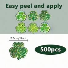 500 buc/rolă autocolante holografice cu trifoi, trifoi norocos verde cu sclipici asimetric de 2,5 cm, plic de Ziua Sfântului Patrick, revistă, husă de telefon, ceașcă, laptop, decor DIY pentru albume de scrapbooking, împachetare cadouri pentru petreceri, sigiliu autocolant din PVC - Multicolor - Vizualizare 5