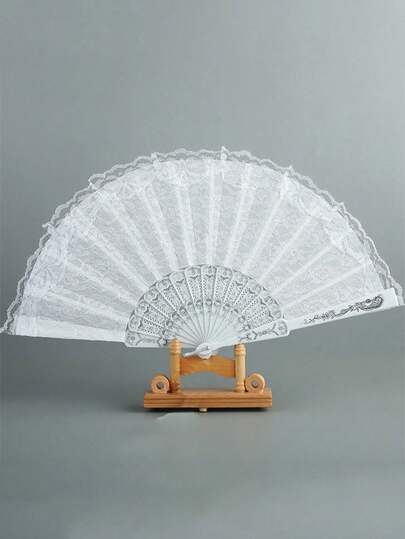 1pc Women's White Double-Layer Lace Foil Flower Decor Folding Fan, Fashion & Dance